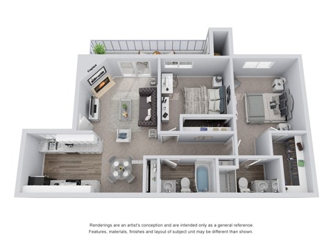 2 bed 2 bath 3D Floor Plan B
